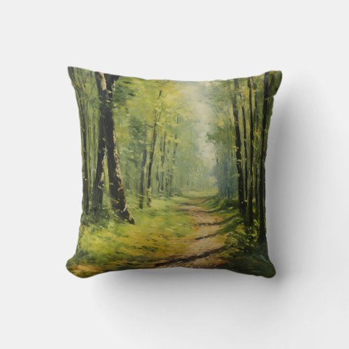 A Charming Forest Pathway _ Impressionism Fine Art Throw Pillow