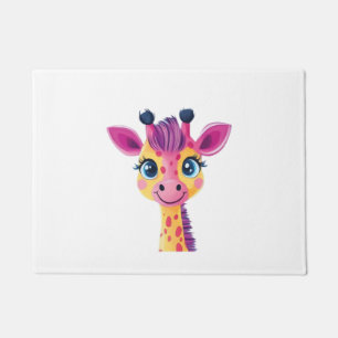 A cheerful and whimsical design of a young giraffe doormat