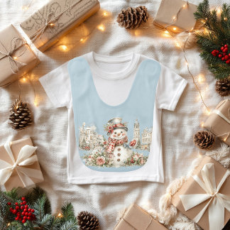 A cheerful Christmas snowman with flowers and gift Baby Bib