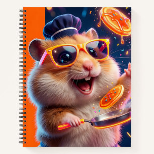 A cheerful hamster wearing a blue chef's hat and y notebook