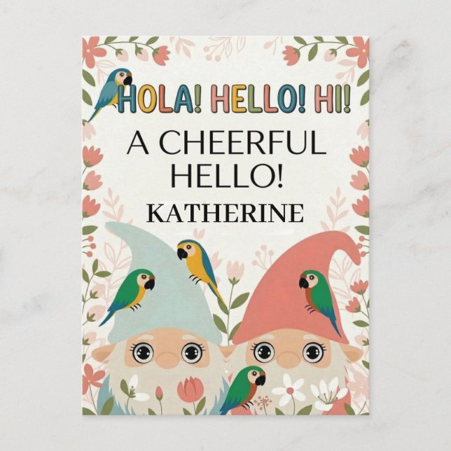 "A Cheerful Hello" Multilingual Gnome Greeting Postcard (Front)