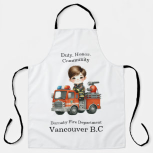 A cheerful young firefighter in a bright red truck apron