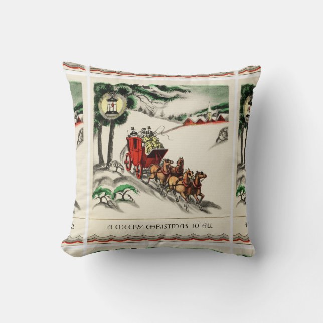 A Cheery Horse and Carriage Christmas Throw Pillow (Front)