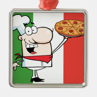 A Chef Holds Up Pizza Metal Ornament
