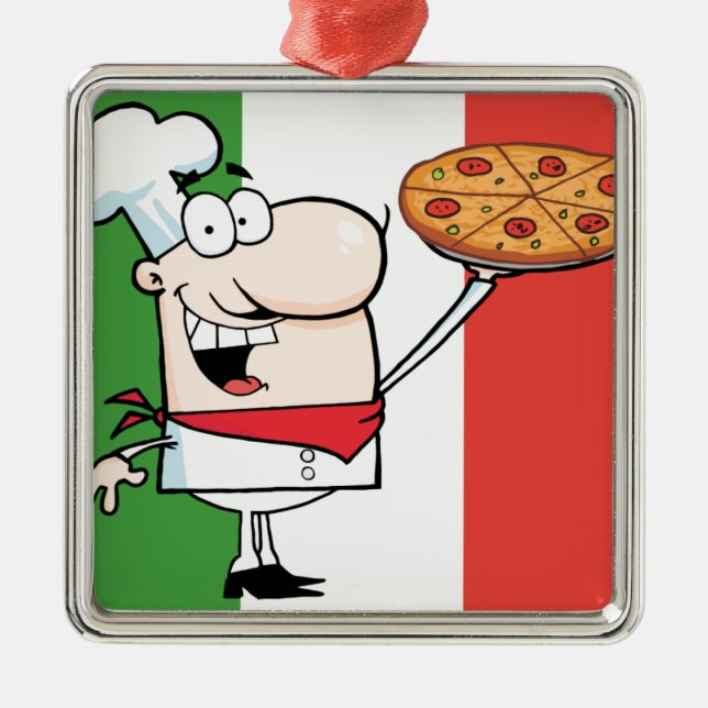A Chef Holds Up Pizza Metal Ornament (Front)