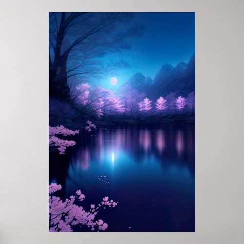 A Cherry Blossom Lake at Night Poster