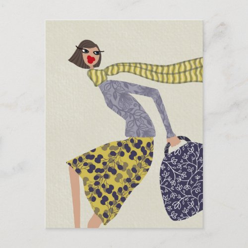 A Chic Fall Windy Day Fashion Illustration Postcard