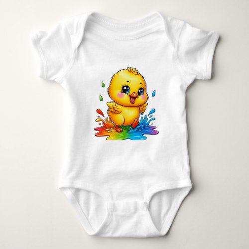 a chick playing in a puddle of colors baby bodysuit