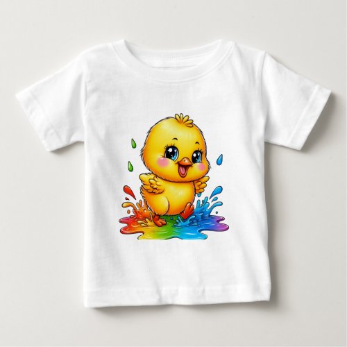 a chick playing in a puddle of colors baby T_Shirt