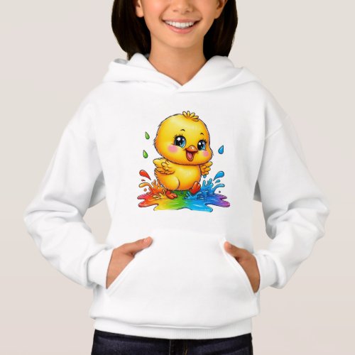 a chick playing in a puddle of colors hoodie