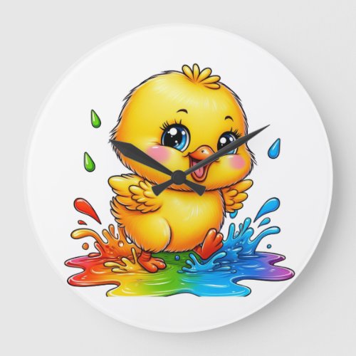 a chick playing in a puddle of colors large clock