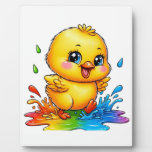 a chick playing in a puddle of colors plaque