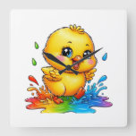 a chick playing in a puddle of colors square wall clock