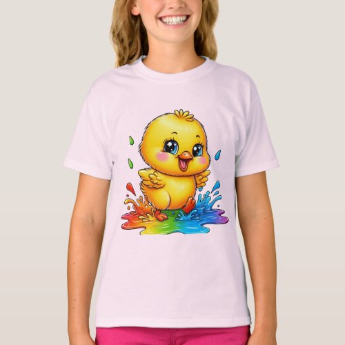 a chick playing in a puddle of colors T_Shirt