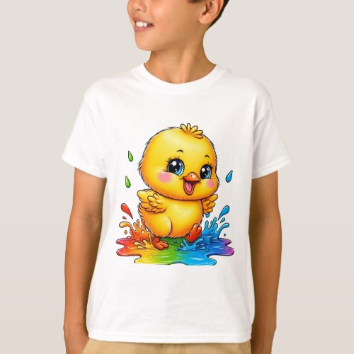 a chick playing in a puddle of colors T_Shirt