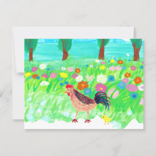 A Chicken and a Baby Chick Walking in the Garden Postcard