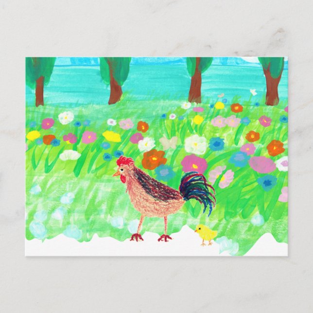 A Chicken and a Baby Chick Walking in the Garden Postcard (Front)