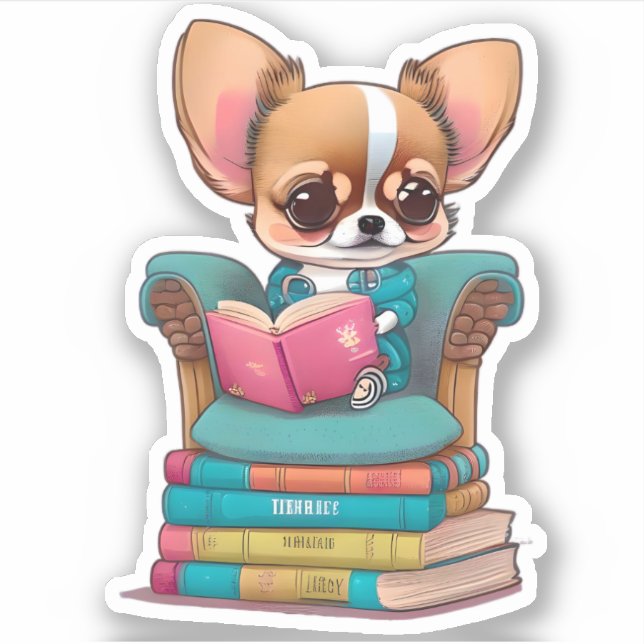 A Chihuahua puppy reading a book Sticker (Front)