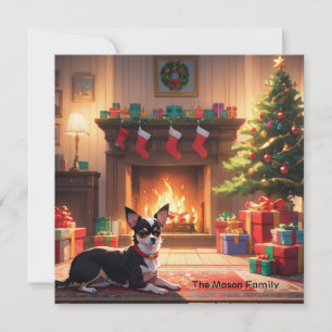 A Chihuahua with a Christmas tree and fireplace Holiday Card
