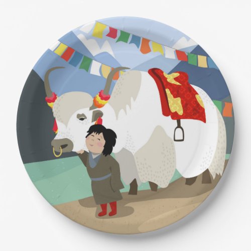 A child and best friend pet Tibetan yak colorful Paper Plates