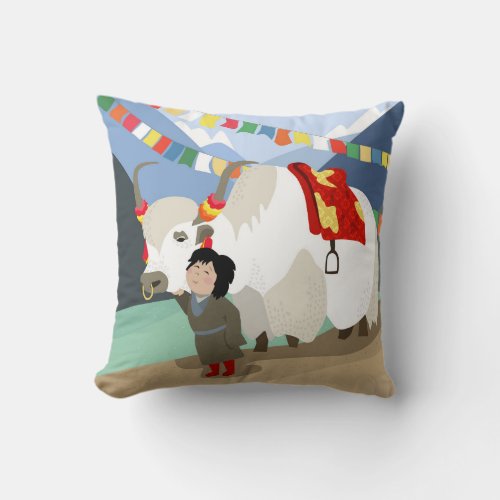 A child and best friend pet Tibetan yak colorful Throw Pillow