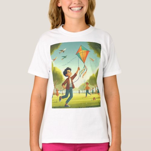 A child flying a kite in a park with other kids  T_Shirt