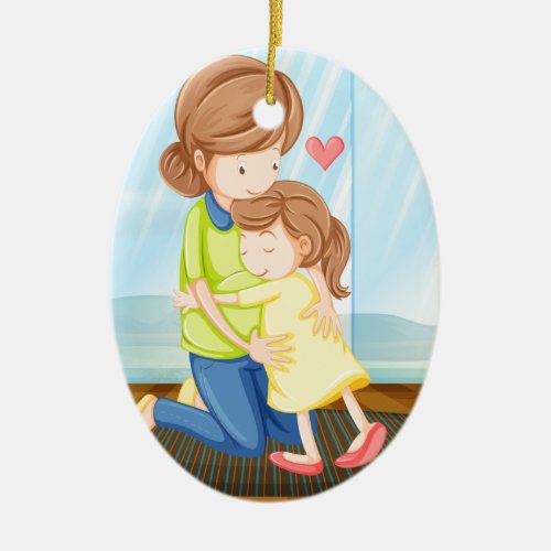 A child hugging her mother ceramic ornament