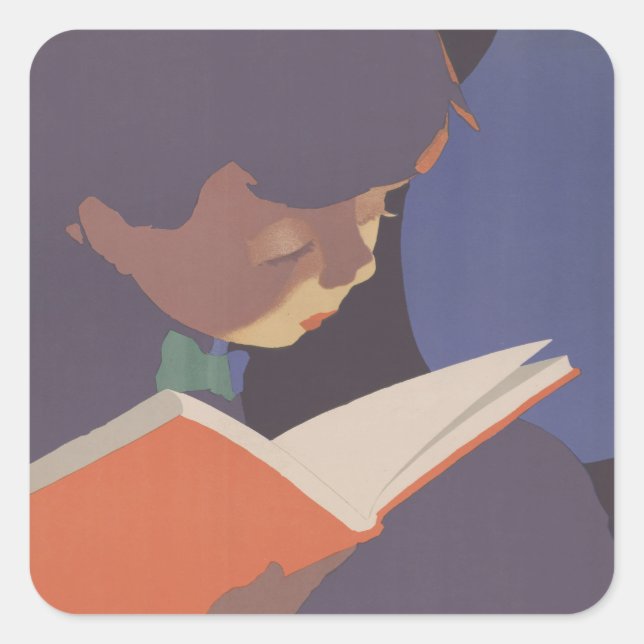 A Child Reading in the Library ClassicIllustration Square Sticker (Front)