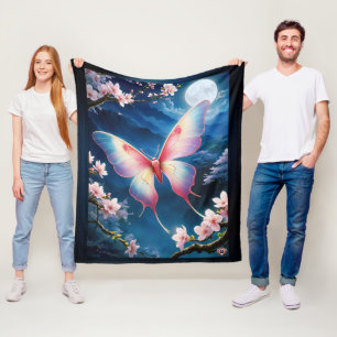 A Chinese Moon Moth Flying Amidst Cherry Blossoms Fleece Blanket