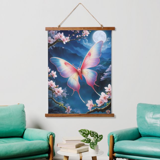 A Chinese Moon Moth Flying Amidst Cherry Blossoms Hanging Tapestry (Living Room)