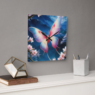 A Chinese Moon Moth Flying Amidst Cherry Blossoms Square Wall Clock