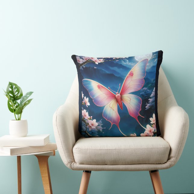 A Chinese Moon Moth Flying Amidst Cherry Blossoms Throw Pillow (Chair)