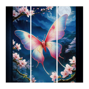 A Chinese Moon Moth Flying Amidst Cherry Blossoms Triptych