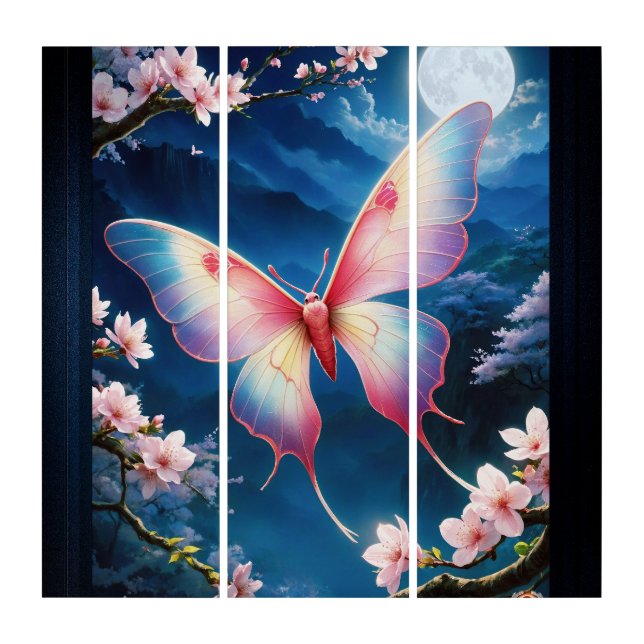 A Chinese Moon Moth Flying Amidst Cherry Blossoms Triptych (Front)