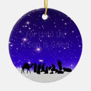 A Chisld is Born Starry Snowy Night on a Ceramic Ornament