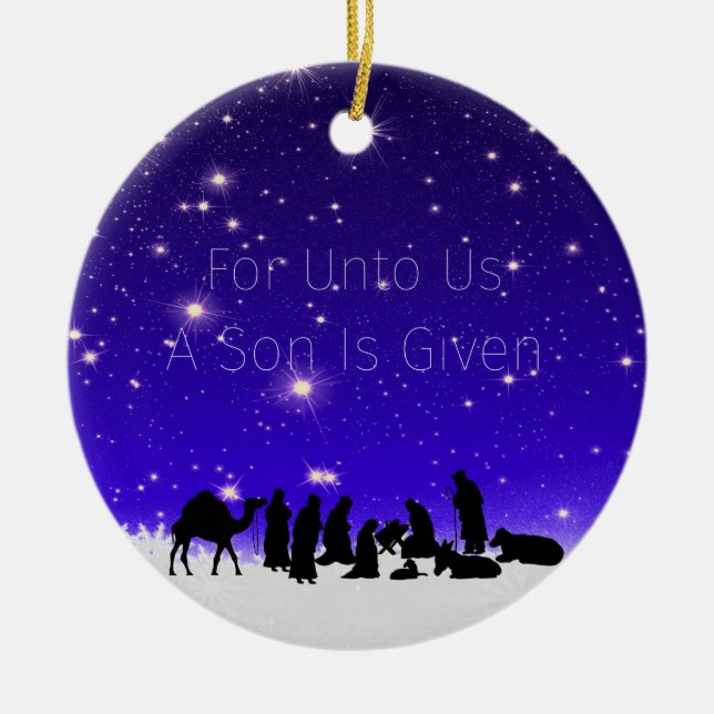 A Chisld is Born Starry Snowy Night on a Ceramic Ornament (Front)