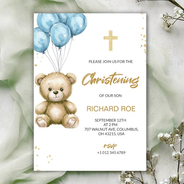 A christening Invitation features a teddy bear (Creator Uploaded)