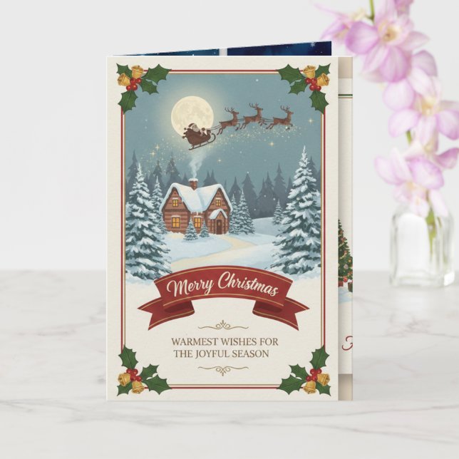 A Christmas card with snowy scenes, festive text,  (Orchid)