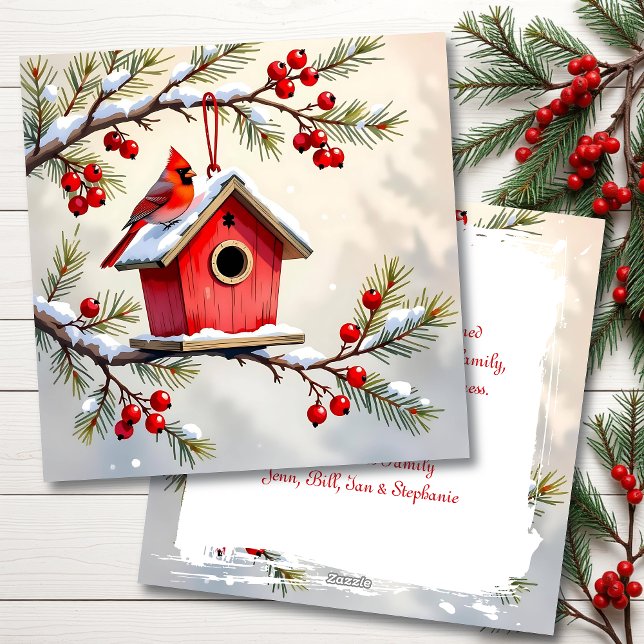 A Christmas Cardinal on a Birdhouse Personalized Holiday Card (Creator Uploaded)