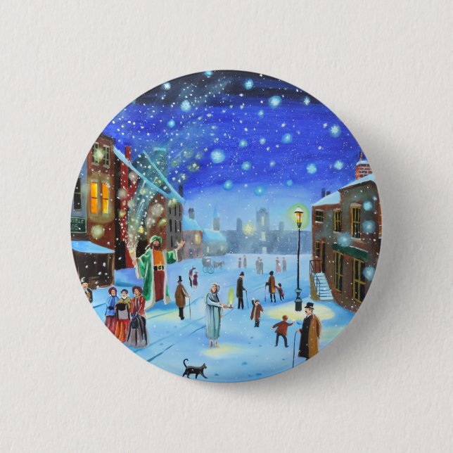 A Christmas Carol Scrooge Winter street scene Pinback Button (Front)