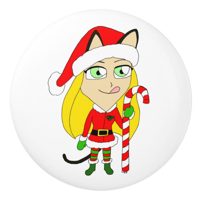 a Christmas chibi catgirl Ceramic Knob (Front)