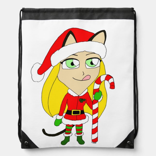 a Christmas chibi catgirl Drawstring Bag (Front)
