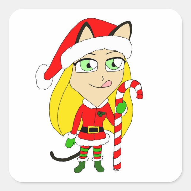 a Christmas chibi catgirl Square Sticker (Front)