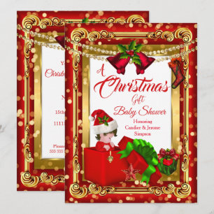 A Christmas Gift Girl Boy Baby Shower Red Gold Invitation