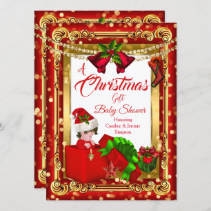 A Christmas Gift Girl Boy Baby Shower Red Gold Invitation