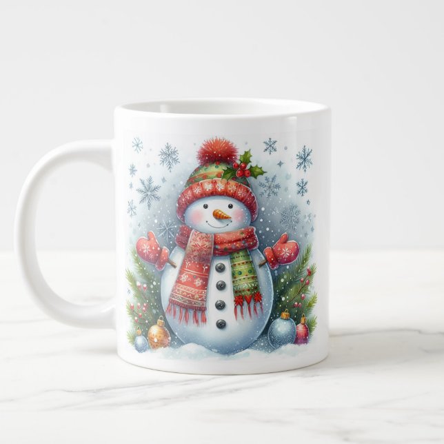 A Christmas Snowman on a Cold and Snowy Giant Coffee Mug (Left)