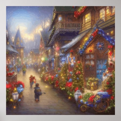 A Christmas Village Fantasy Snowy Landscape Poster