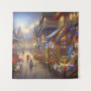 A Christmas Village Fantasy Snowy Landscape Tapestry