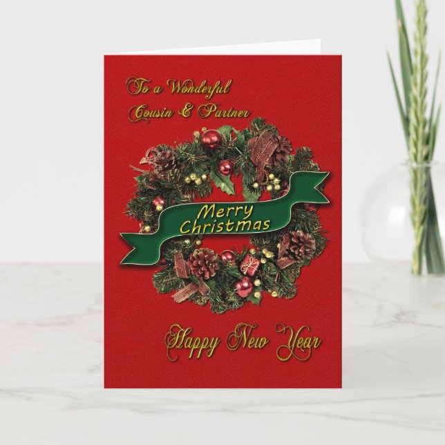 A Christmas Wreath for your cousin + partner Holiday Card (Front)
