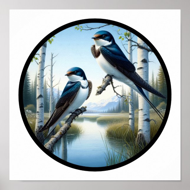 A Circular 3D Image of 2 Perched Tree Swallows  Poster (Front)